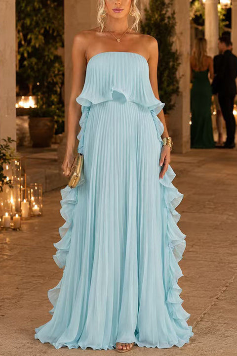 Febedress Strapless Tube Ruffle Pleated Swing Maxi Dress