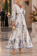 Febedress V Neck Lantern Long Sleeves Floral Print Pleated Maxi Dress (C)