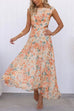 Crewneck Cut Out Waist Floral Print Maxi Dress