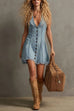 V Neck Sleeveless Frayed Hem A-line Denim Mini Dress