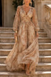 Febedress V Neck Puff Long Sleeves Floral Print Maxi Dress