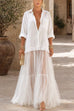 Febedress Lapel Long Sleeves Organza Splice Ruffle Denim Maxi Dress
