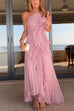 Febedress Strappy Halter Neck Ruffle Trim Asymmetric Hem Pleated Maxi Dress