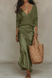 Febedress V Neck Drop Shoulder Sweater and Satin Maxi Cami Dress Set
