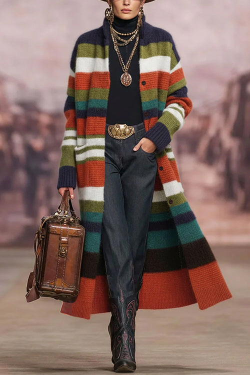 Button Up Color Block Stripes Pocketed Sweater Cardigan