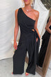 One Shoulder Irregular Hem Top High Rise Pocketed Wide Leg Pants Set