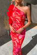 Febedress Ruffle One Shoulder Floral Print Bodycon Maxi Dress