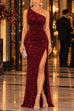 Febedress One Shoulder Ruched Sequin Velvet High Slit Maxi Dress (B)