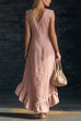 Febedress V Neck Sleeveless High Low Hem Ruffle Maxi Dress