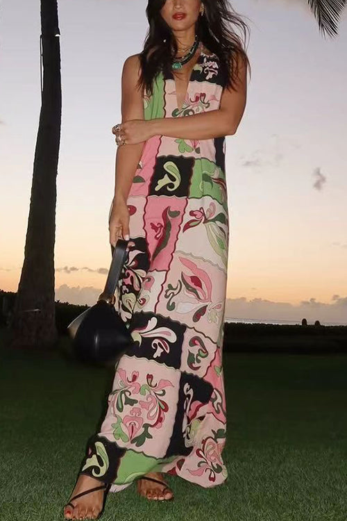 Halter V Neck Backless Printed Maxi Dress