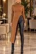 Maillard Turtleneck High Slit Ribbed Knit Dress (A)