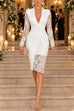 Febedress V Neck Long Sleeves Back Slit Lace Patchwork Bodycon Dress