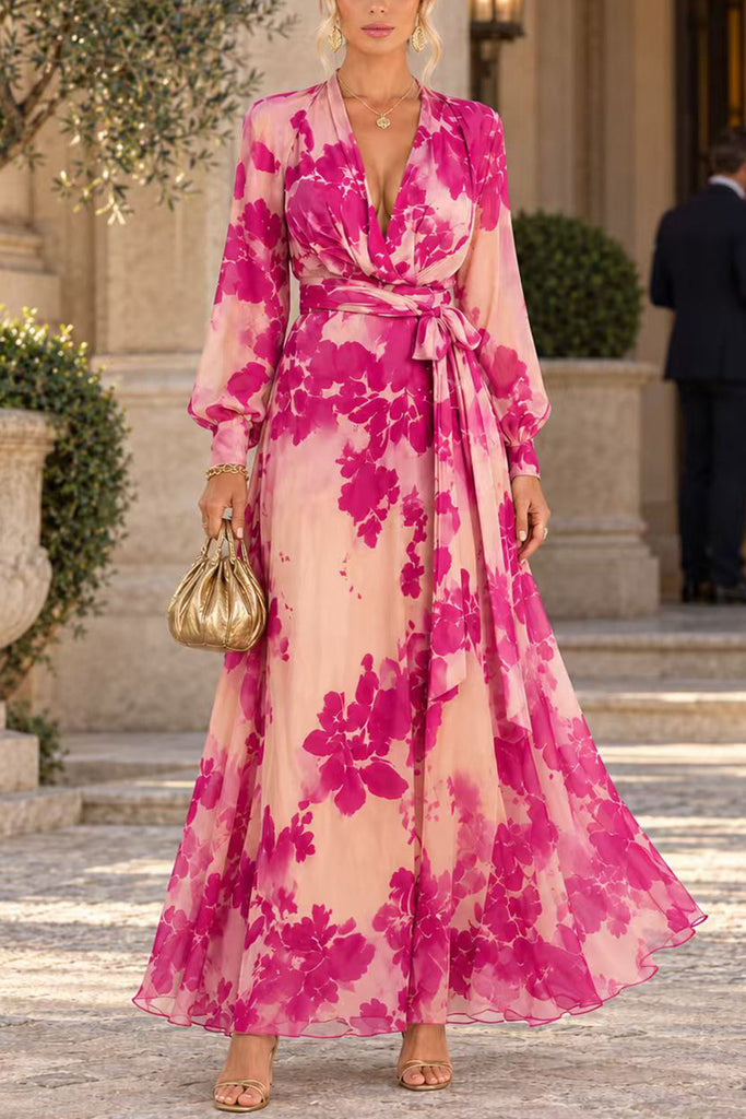 Febedress V-Neck Long Sleeve Floral Print Maxi Dress