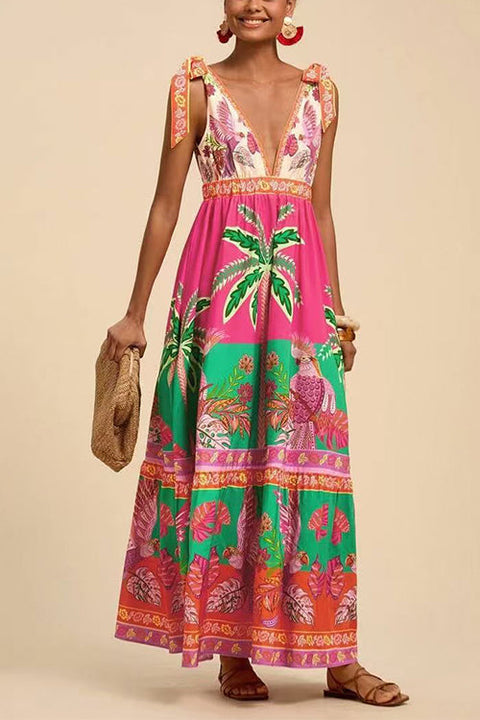 Febedress Bow Shoulder V Neck Sleeveless Printed Maxi Vacation Dress