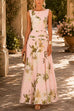 Febedress Boat Neck Sleeveless Floral Print Flowy Maxi Dress