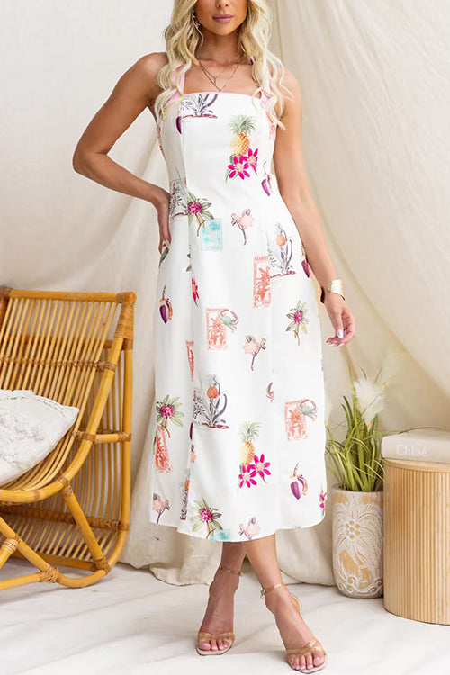Sleeveless Back Lace-up Cut Out Floral Print Midi Dress