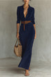 Febedress Long Sleeves Button Up Faux Suede Belted Maxi Dress