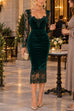 Febedress V Neck Long Sleeves Lace Splice Velvet Bodycon Midi Dress
