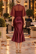 Febedress Mock Neck Chiffon Cape Overlay Satin Midi Dress Set (D)