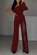 Febedress Stylish One Shoulder Slit Long Sleeve Mesh Splice Wide Leg Jumpsuit