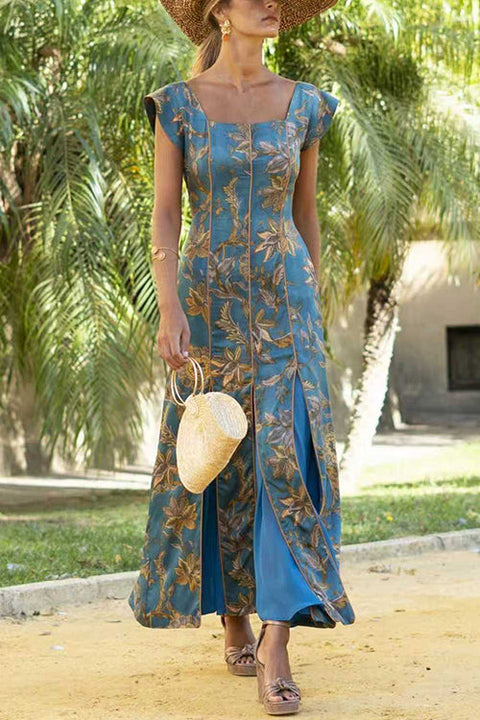 Short Sleeves Floral Print Swing Maxi Dress
