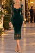 Febedress V Neck Long Sleeves Lace Splice Velvet Bodycon Midi Dress
