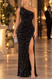 Febedress One Shoulder Ruched Sequin Velvet High Slit Maxi Dress (A)