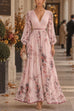 Febedress V Neck Lantern Long Sleeves Floral Print Pleated Maxi Dress (C)