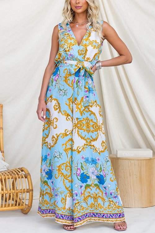 V Neck Sleeveless Bow Waist Floral Print Wide Leg Jumpsuit