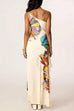 One Shoulder Sleeveless Floral Print Ruffle Hem Maxi Dress