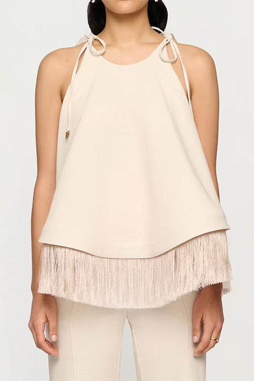 Tie Knot Shoulder Sleeveless Fringe Hem Top