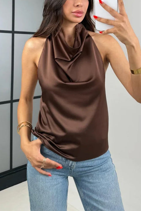 Febedress Chic Halter Cowl Neck Sleeveless Satin Top