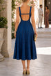 Square Neck Open Back Fit & Flare Denim Midi Dress