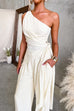 One Shoulder Irregular Hem Top High Rise Pocketed Wide Leg Pants Set