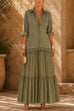 Febedress Lapel Long Sleeves Organza Splice Ruffle Denim Maxi Dress