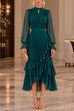Febedress Mock Neck Sheer Sleeve Pleated Ruffle High-Low Midi Dress (B)