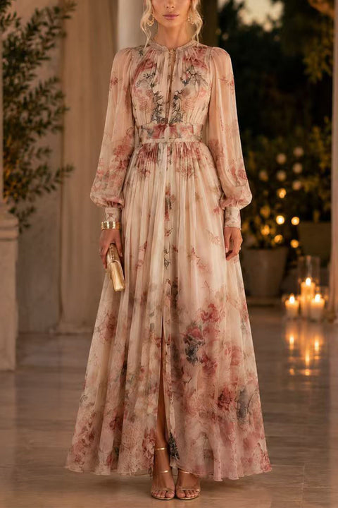 Febedress Puff Long Sleeves High Waist Floral Print Maxi Dress