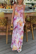 Febedress V Neck Backless Ruffle Trim Slit Floral Print Maxi Cami Dress