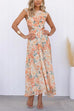 Crewneck Cut Out Waist Floral Print Maxi Dress