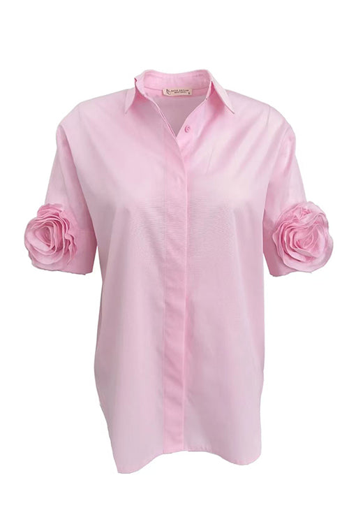 Lapel Short Sleeves Button Up Flower Detail Shirt