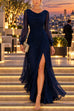 Febedress Elegant Cowl Neck Ruched Chiffon Long Sleeve Slit Maxi Dress