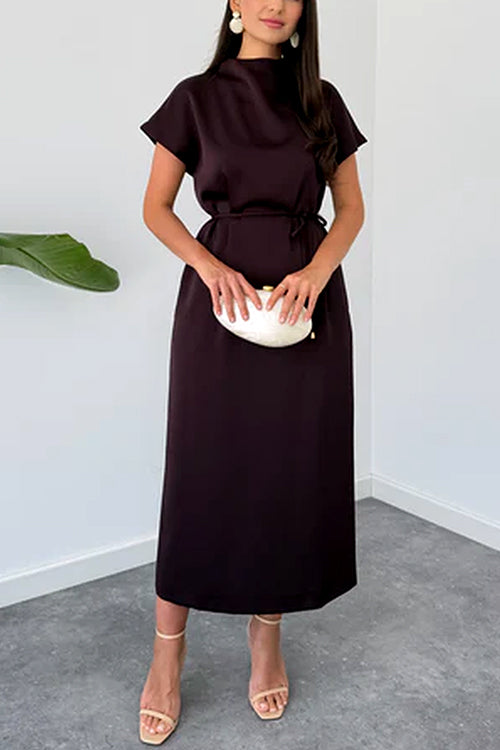 Mockneck Cap Sleeves Satin Midi Dress