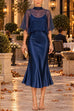 Febedress Mock Neck Chiffon Cape Overlay Satin Midi Dress Set (B)