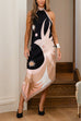 Febedress Halter Neck Open Back Asymmetric Hem Printed Satin Midi Dress