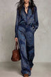 Febedress Lapel Long Sleeves Shirt High Rise Pocketed Straight Leg Pants Paisley Print Set (A)