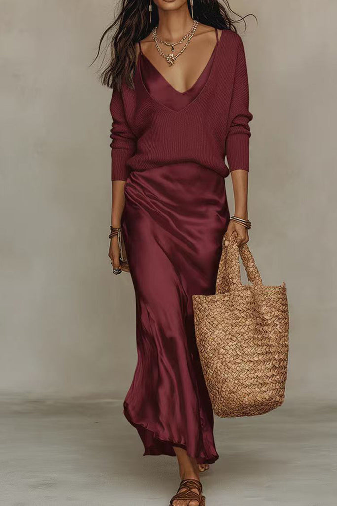 Febedress V Neck Drop Shoulder Sweater and Satin Maxi Cami Dress Set (C)