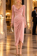 Febedress Cowl Neck Gold Accent Ruched Velvet Midi Dress