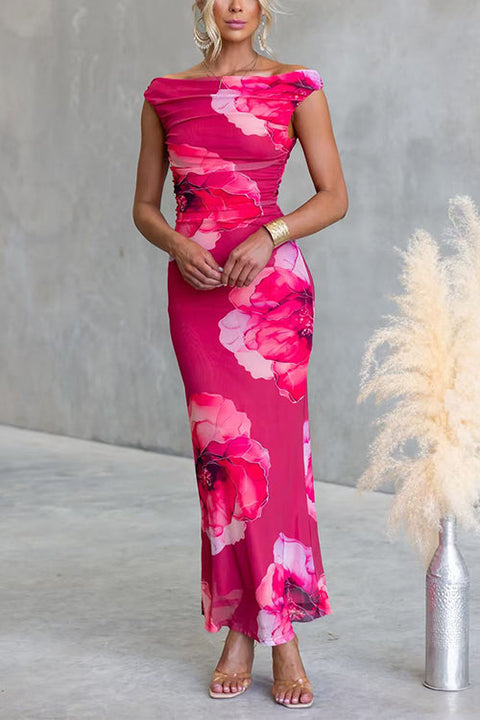 Off the Shoulder Floral Print Bodycon Maxi Dress