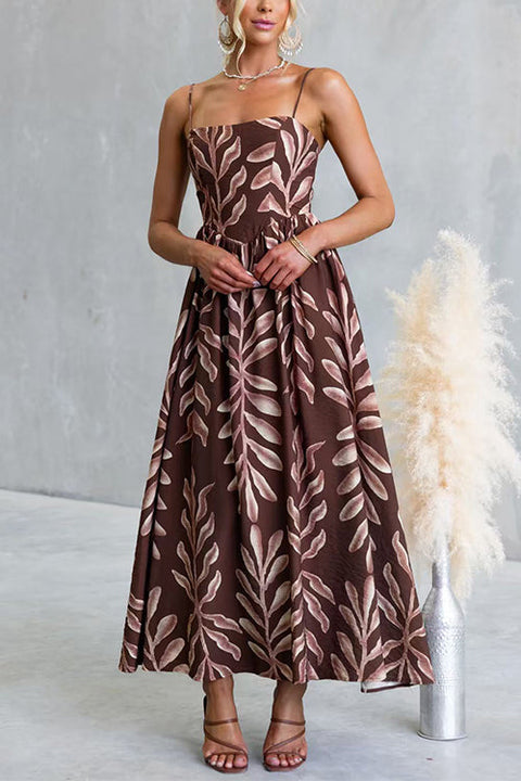 Spaghetti Strap High Waist Printed Swing Maxi Dress