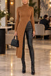 Maillard Turtleneck High Slit Ribbed Knit Dress (A)